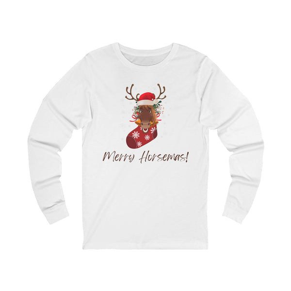 Funny Merry Christmas | Merry Horsemas | Cute Reindeer Horse Graphic |, Unisex Jersey Long Sleeve Tee | Equestrian Gifts