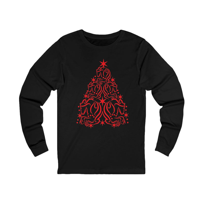 Cute Red Horse Christmas Tree Graphic | Unisex Jersey Long Sleeve Tee | Horse Lover Gifts