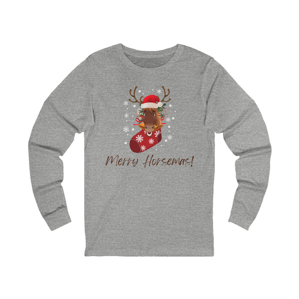 Funny Merry Christmas | Merry Horsemas | Cute Reindeer Horse Graphic |, Unisex Jersey Long Sleeve Tee | Equestrian Gifts