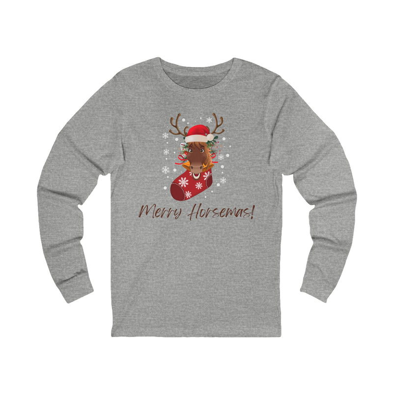 Funny Merry Christmas | Merry Horsemas | Cute Reindeer Horse Graphic |, Unisex Jersey Long Sleeve Tee | Equestrian Gifts