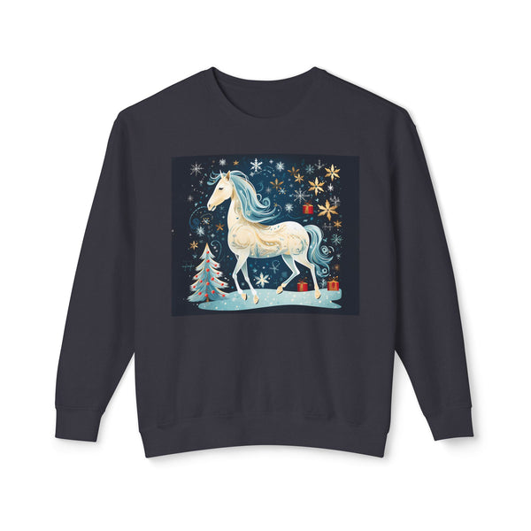 Christmas White Horse | Unisex Lightweight Crewneck Sweatshirt | Comfort Colors Quality