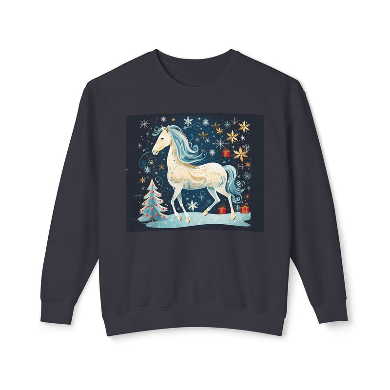 Christmas White Horse | Unisex Lightweight Crewneck Sweatshirt | Comfort Colors Quality
