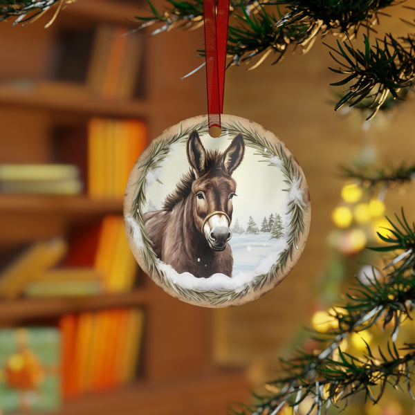 Christmas 2025 Metal Ornament Keepsake Gift | Donkey and Rosemary Winter Scene | Equestrian Gifts