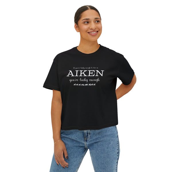 White Print | If You're Lucky Enough to Live in Aiken You're Lucky Enough | Women's Comfort Colors Boxy Tee | Aiken South Carolina