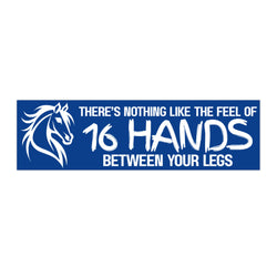 Funny Horse Lover Bumper Sticker | Nothing Like the Feel of 16 Hands Between Your Legs | White on Blue