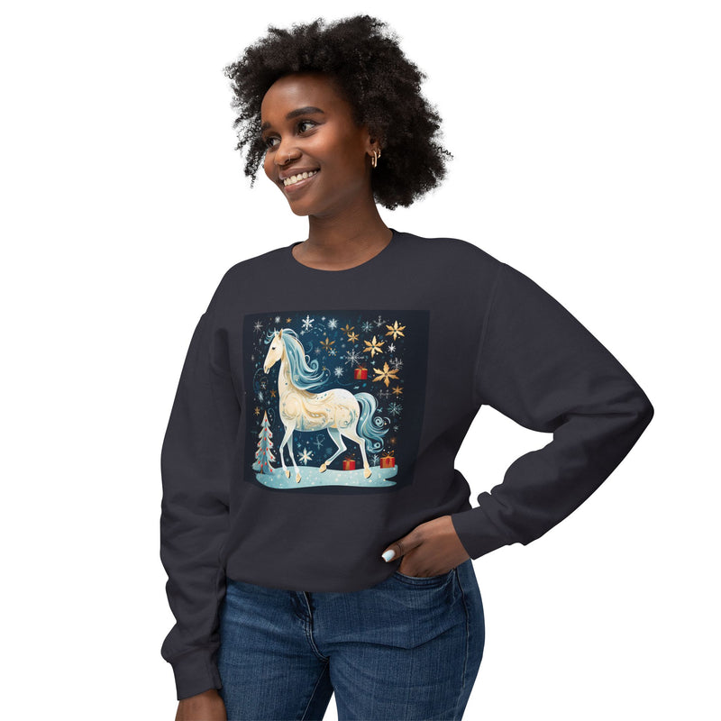 Christmas White Horse | Unisex Lightweight Crewneck Sweatshirt | Comfort Colors Quality