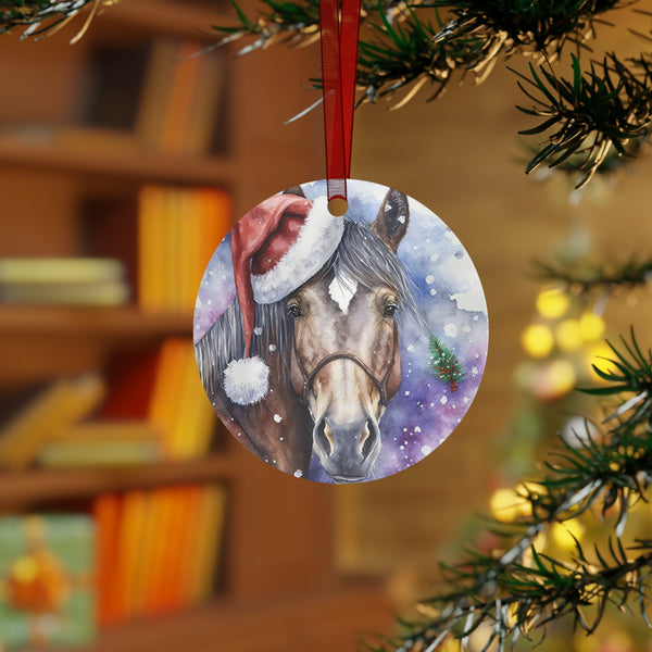 Christmas 2025 Watercolor Bay Horse Santa Hat Ornament
