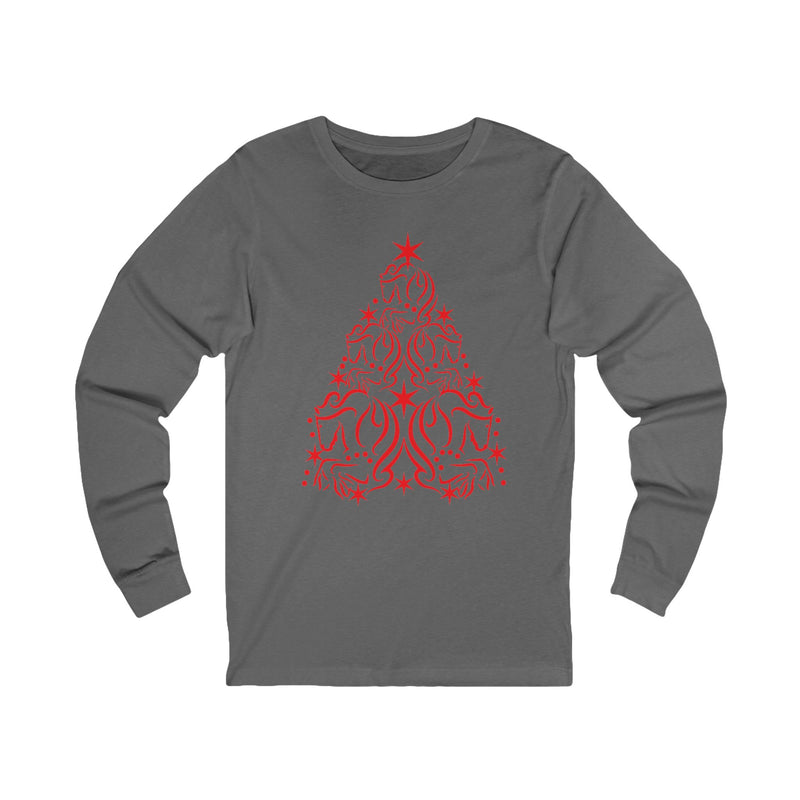 Cute Red Horse Christmas Tree Graphic | Unisex Jersey Long Sleeve Tee | Horse Lover Gifts