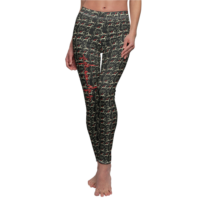 Black Women's Casual Leggings | Heiroglyphic Horse Pattern | Horse Heartbeat Line | Heaven Horses Exclusive Design