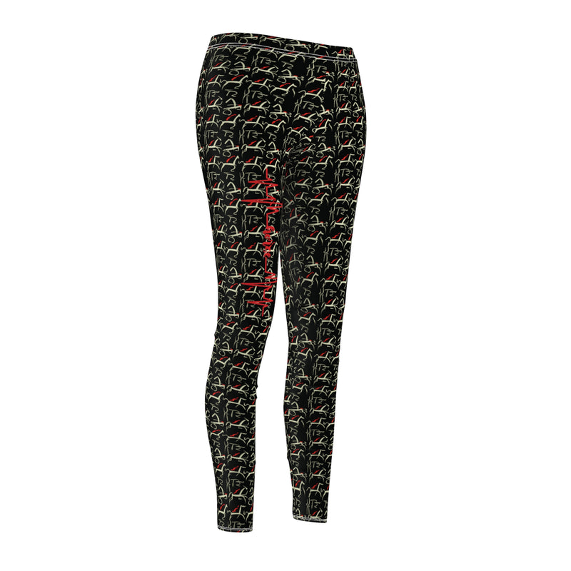 Black Women's Casual Leggings | Heiroglyphic Horse Pattern | Horse Heartbeat Line | Heaven Horses Exclusive Design